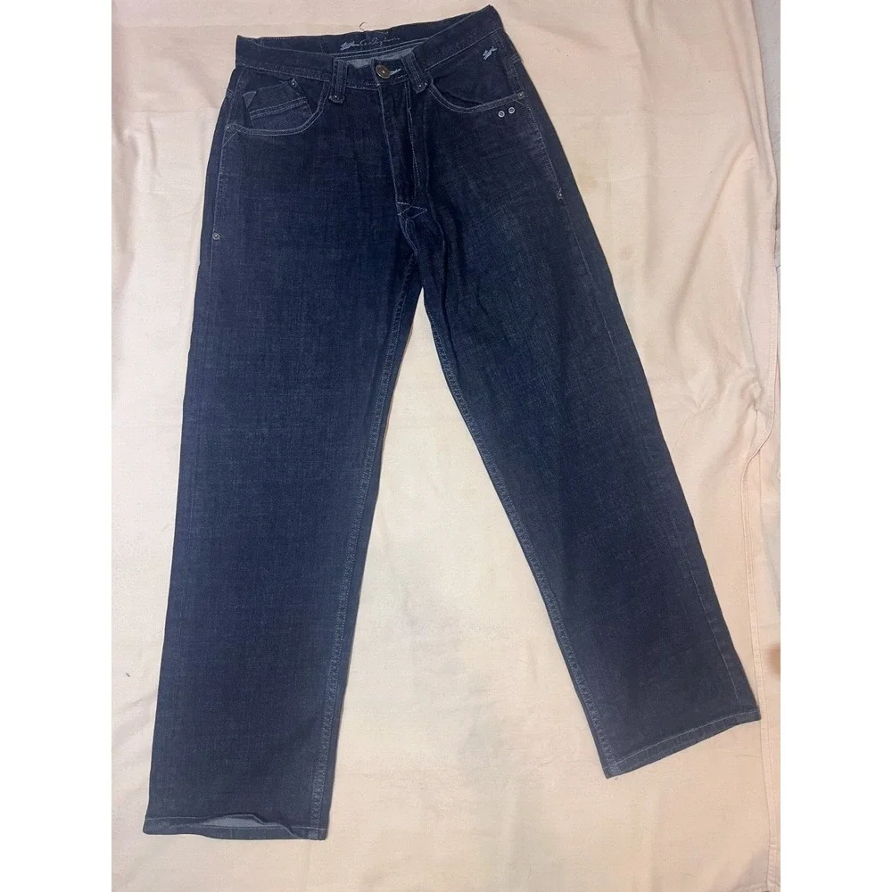 Andrew Tiziano Jeans SZ 32 Loose Baggy Wide Leg Embroidered Skater Dark Denim E4